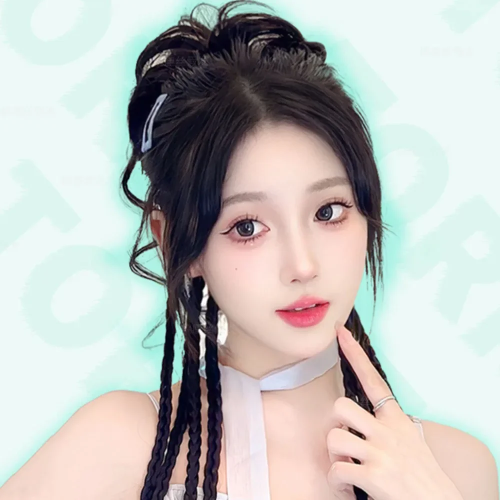 Wig sintetik kepala kuncup bunga gaya Tiongkok Wig kepang memutar sedikit keriting halus alami aksesoris rambut