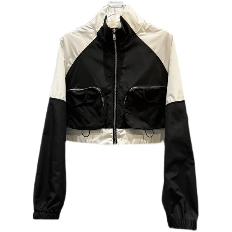 กระเป๋าถือซิปผู้หญิง Street Sle ort Jaet สีตัดกัน พร้อมเสื้อคลุมสไตล์สาวเปรี้ยว สีดำขาว ทรงตรง แบบปกติ...