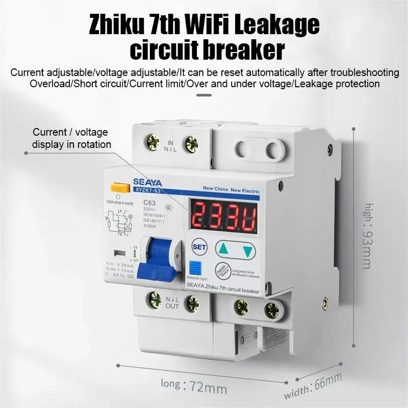 SEAYA WiFi Smart Home Switch 1P+N SEAYA Electric Leakage Circuit Breaker XYZK7-63 Urządzenie ochronne nad i zbyt niskim napięciem 50 Hz