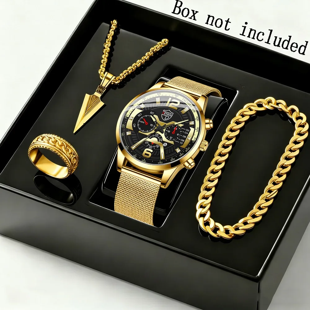 4pcs/Set Fashion Men'S Quartz Watch & Necklace Bracelet Set | Men'S Necklaces Ring, Men'S Bracelets Business Watch