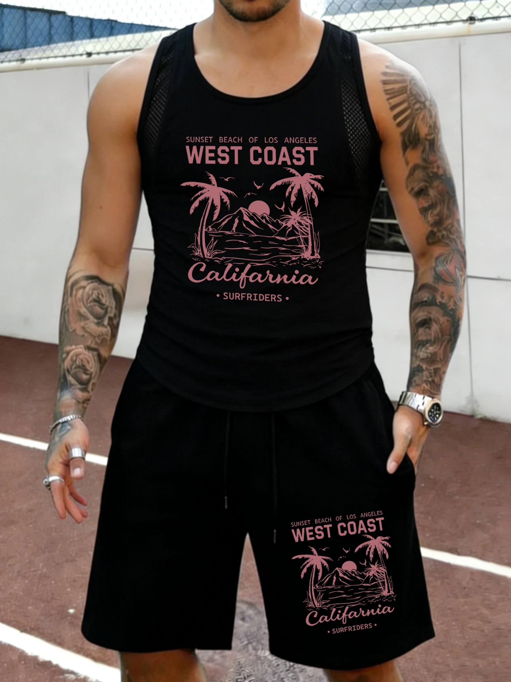 

West Coast Beach Sea Coconut Tree California Design Summer Mesh Fitness Vest Set Man Quick Dry Running Top Classic Pocket Shorts