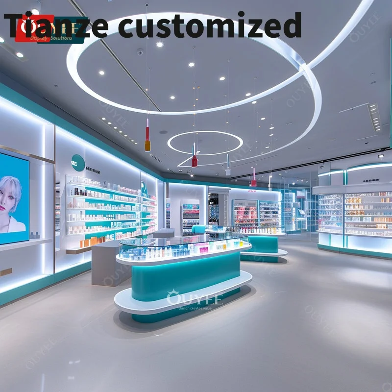 Customized-Modern Cosmetics Product Counter Perfume Glass Shelves Hair Extension Wig Shop Display Furniture Beauty Hair Store