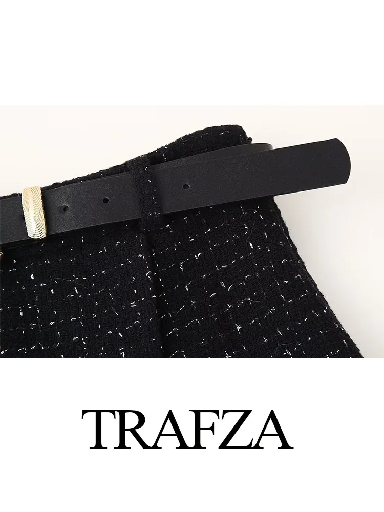 TRAFZA Summer Fashion Women Shorts Black Plaid High Waist Belt Decoration Culottes Female High Street Asymmetrical Short Pants