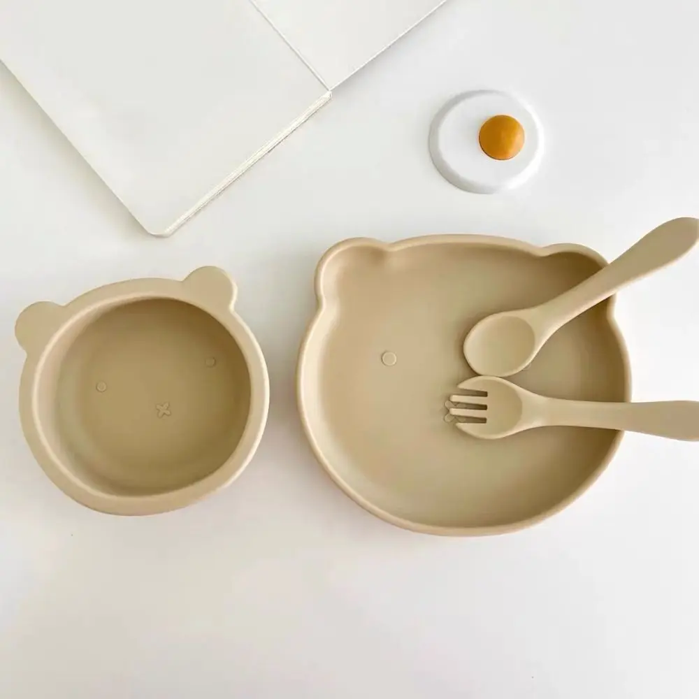 مجموعة أطباق فطام الأطفال على شكل دب كرتوني مقاومة للكسر ومضادة للانزلاق أدوات مائدة لإطعام الأطفال الصغار مع ملعقة شوكة سهلة التنظيف #2
