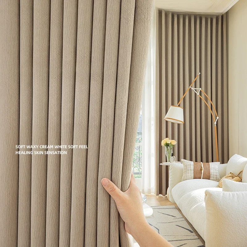 Thickened Chenille Curtains for Living Room Bedroom High-end Fabric Blackout  Cream Pink White