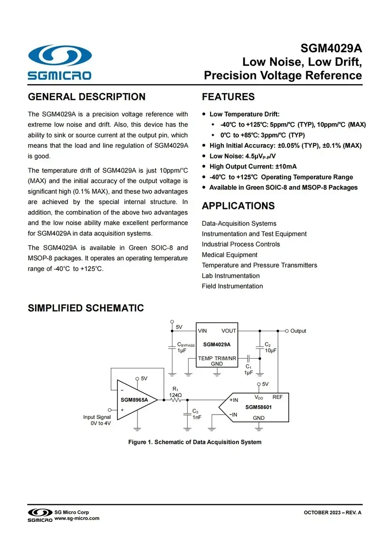 10Pcs/Lot SGM4029A-4.096XS8G/TR SOIC-8,Low Noise,Low Drift Precision Voltage Reference,Electronic,Integrated Circuit IC