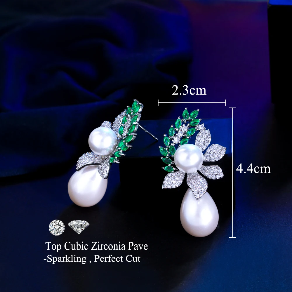 CWWZircons Symmetrical Leaf Shape Green Cubic Zirconia Long Big Water Drop Dangle Pearl Wedding Banquet Party Earrings CZ950