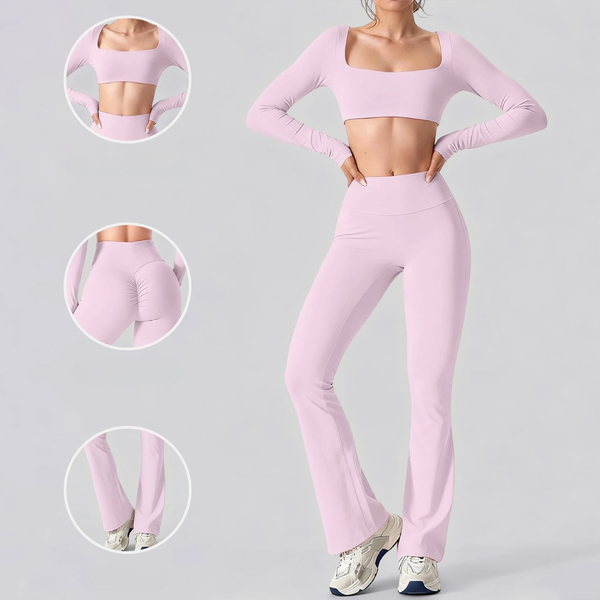 Greenora 2PCS Set Sexy Yoga Set Women Outfits Long Sleeve Crop Top and Flare Leggings Sportswear Gym Workout Clothes Activewear