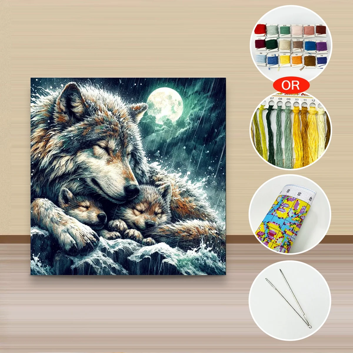 1 Stück 40x40 cm/15,74 Zoll, 11Ct/14Ct Kreuzstich-Set, DIY Valentinstagsgeschenk, Stickerei-Set für Festlichkeiten, Wolfsbabys, Felsen, Mond, Regen – Detail 3