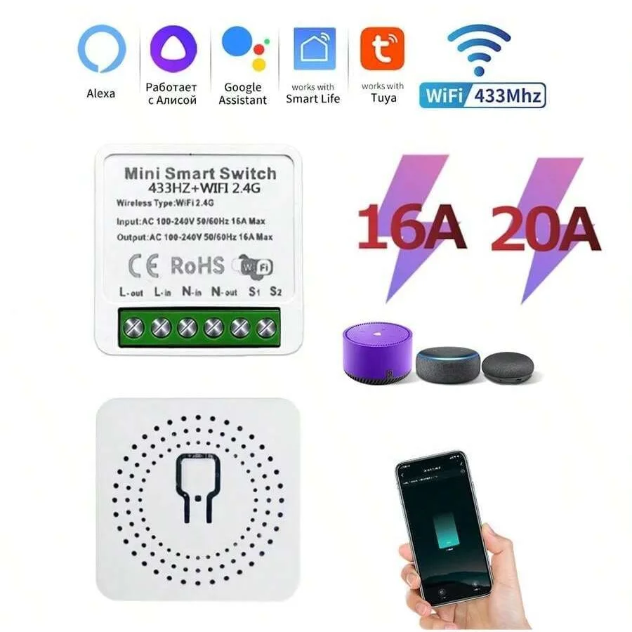 

RF433Mhz Tuya WiFi Smart Switch Module 16A 20A Breaker Relay 2-way Control Remote Control Smart Life Support Alexa Google Home