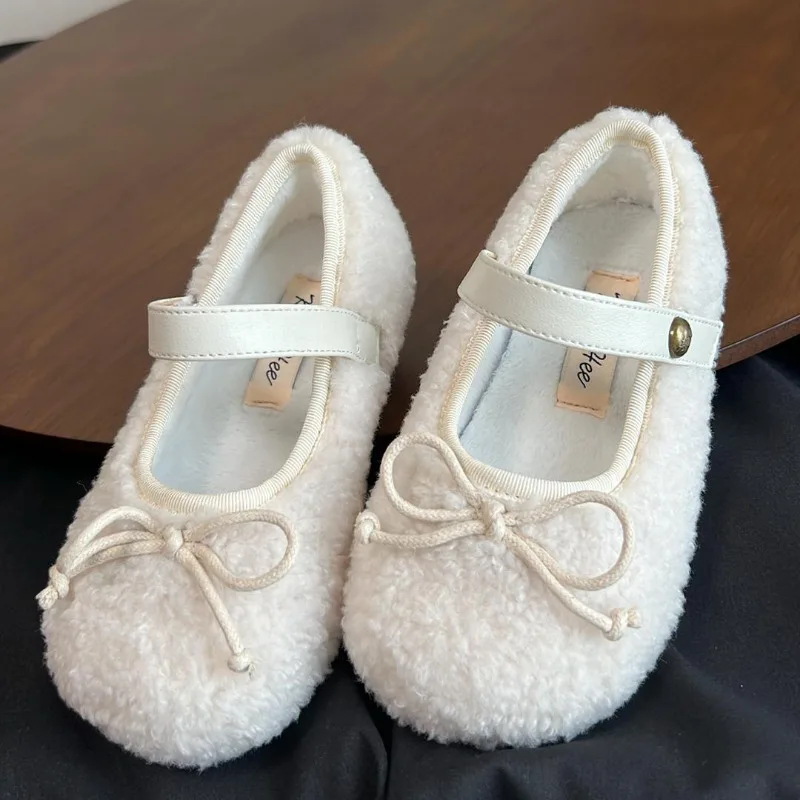 Buty dziecięce Zimowe małe dziewczynki Moda Księżniczka Mary Jane Party Dress Flats Ballets Children Brand Warm Fur Bowtie Soft Sole