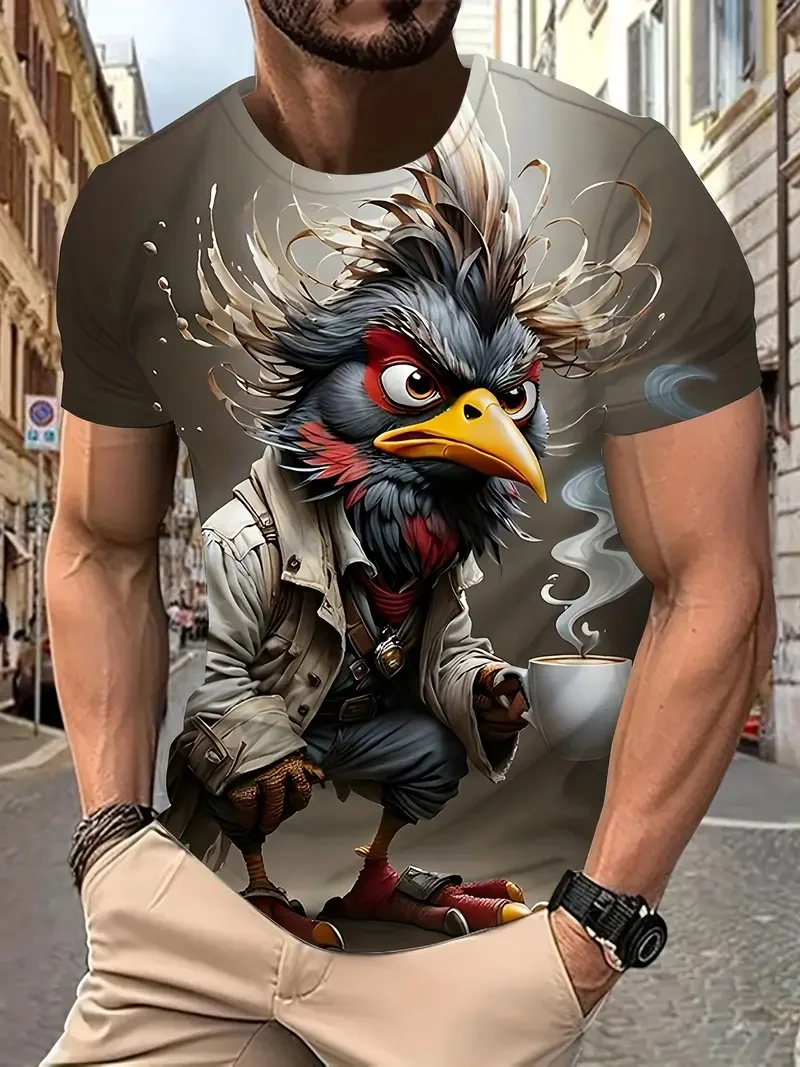 Funny Men's T-shirt Cartoon Animal Print Pullover Summer Casual Short Sleeve T-shirt Fashion Outdoor Male Overszied Clothing image 2