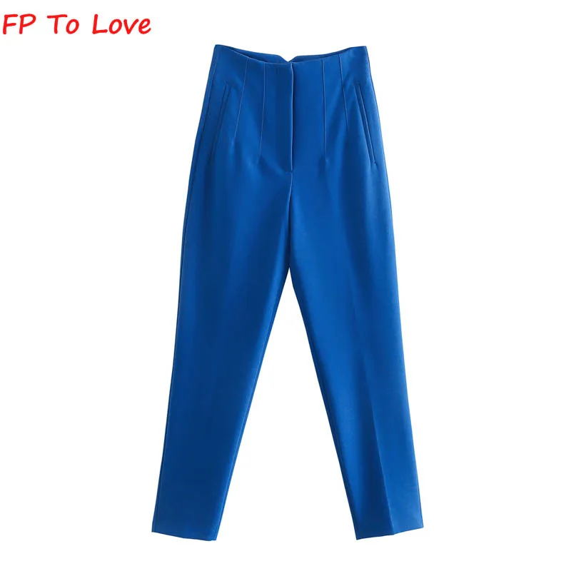 Woman Pencil Pants Elegant Casual High Waist Zipper Trousers Suit 2022 Spring Summer Long Bright Blue Green Beige FP To Love