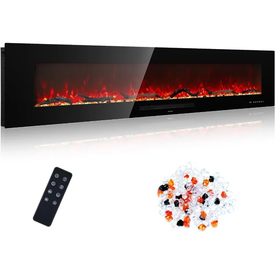 

72 inch Recessed and Wall Mounted Realistic Electric Fireplace with Multicolor Flame 750/1500W Thermostat and Timer Touch Scree