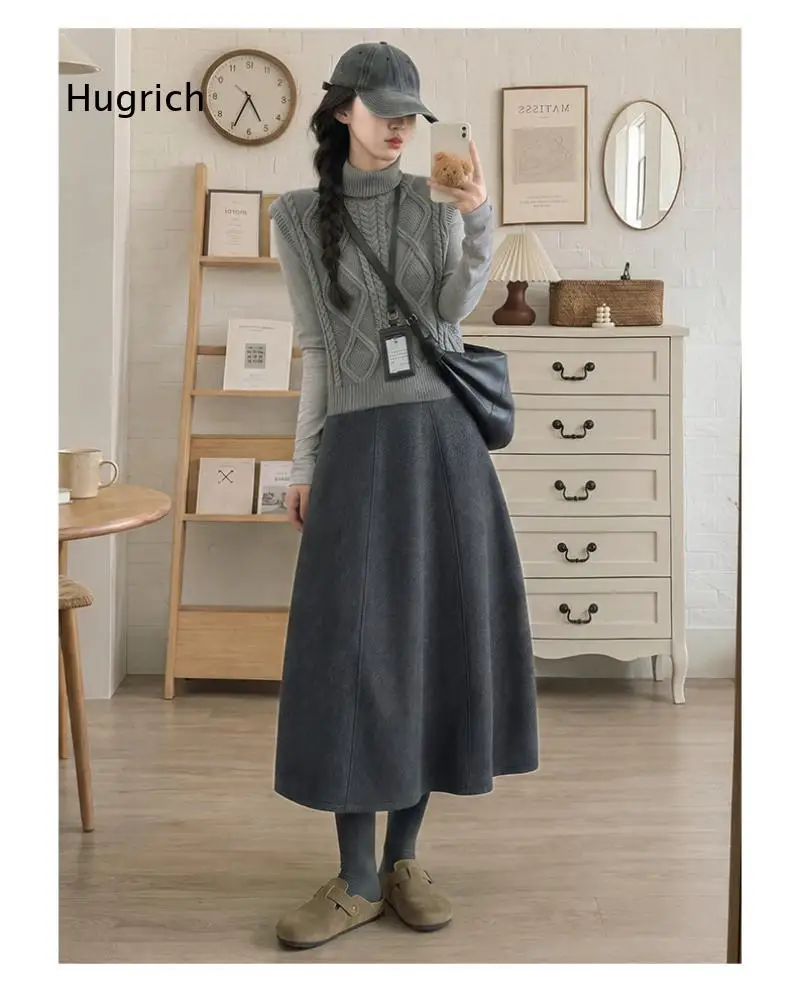 High Waist Flared Midi Skirt For Women Solid Color With Two Length Choices Suitable For Autumn Winter Daily Matching Wear