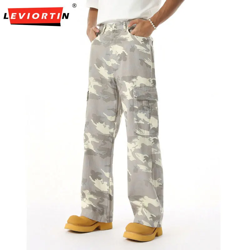 

2025 Мужская молодежная популярная американская камуфляжная рабочая одежда в стиле хип-хоп с большими карманами, потертые свободные повседневные брюки прямого кроя