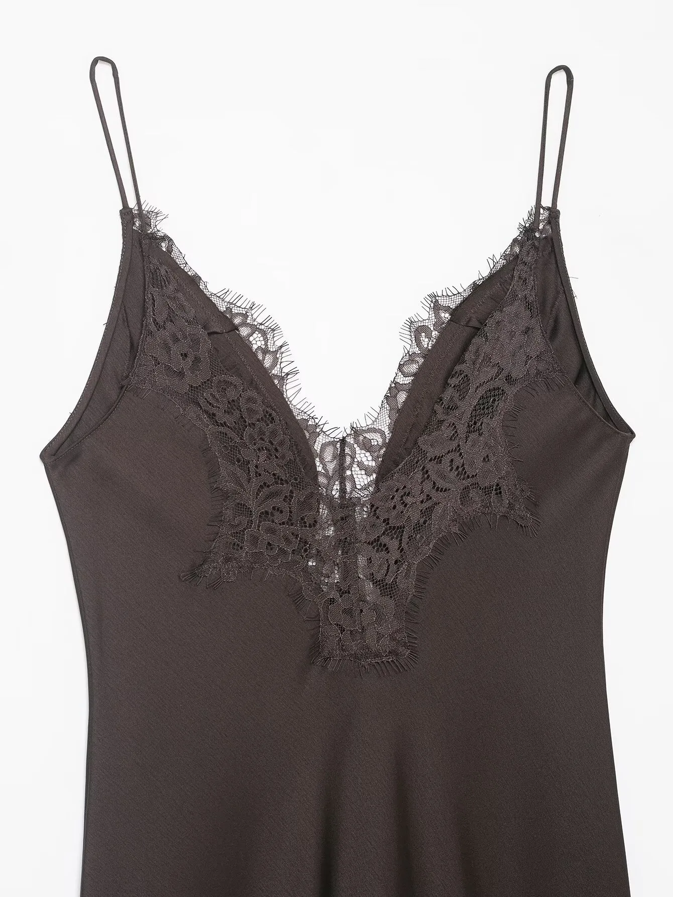 Women's Sexy Strap Dress Fall Fashion High Street Lace-Trimmed Satin Feel Sleeveless Skirt Solid Color Irregular Long Petticoat