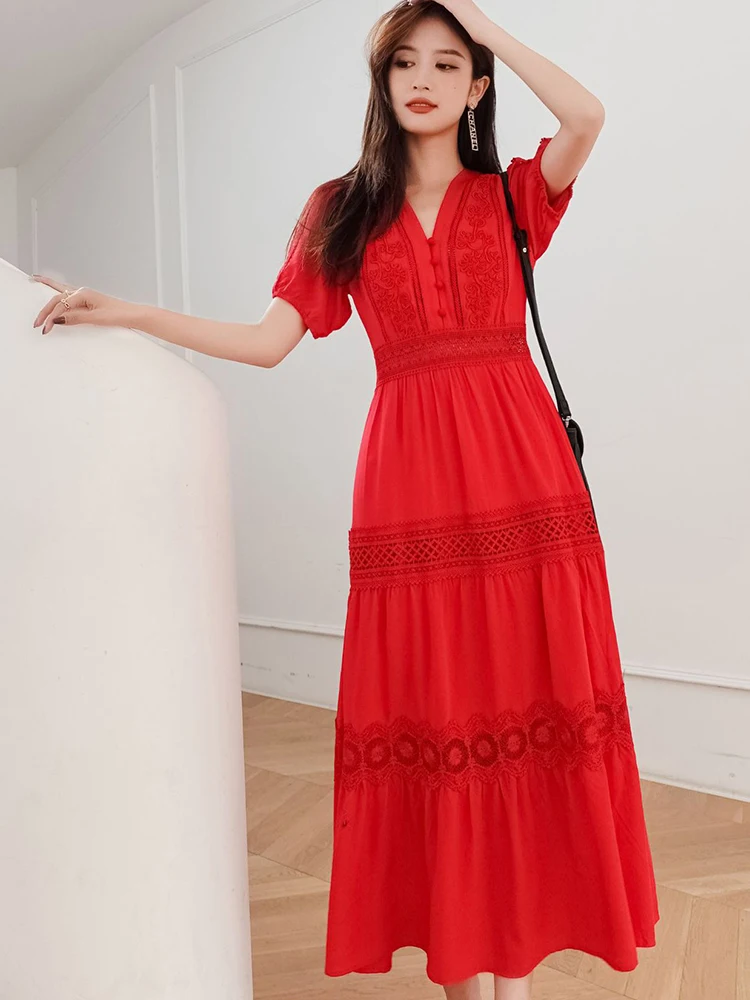 GypsyLady Floral Embroidery Maxi Dress Red Cotton Lace 2xxl Summer Holiday Dress Hollow Out Sheer Boho Sexy Chic Women Dresses