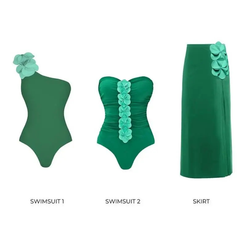 Flaxmaker 2025 Bandeau 3D Flower One Piece Swimsuit and Skirt Women Sexy Off The Shoulder Party Swimwear Sets Femme Beachwear