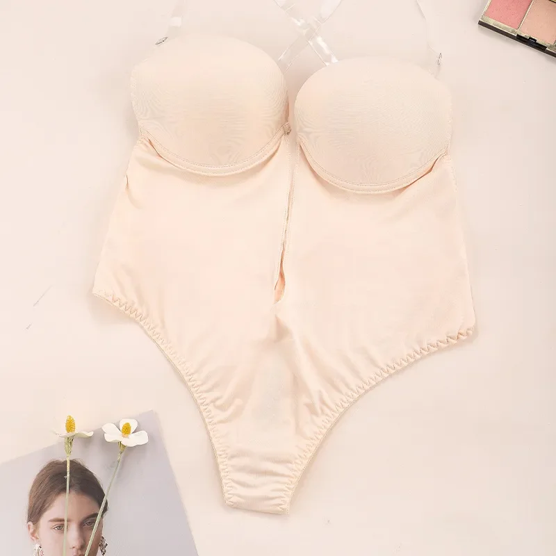 Women Shapers Underwear Backless Bodysuit Shapewear Deep V-Neck Body U Plunge Clear Strap Thong Shaper Padded Push Up Corsets image 2
