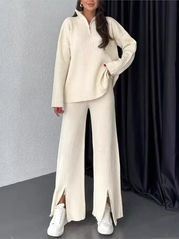 

Fashion Solid Color Knitted Two Piece Set Women Zipper Pullover Slit Slightly Flared Trousers 2 Piece Sets Casual Home Clothing