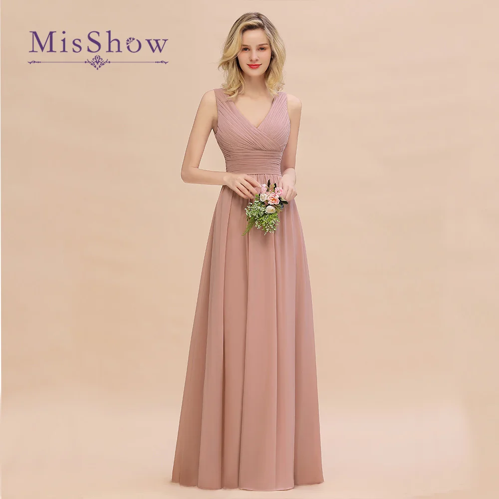 Classic V Neck Long Bridesmaid Dresses For Weddings Chiffon Pleated Desgin Evening Prom Gowns Custom Made Vestido De Festa