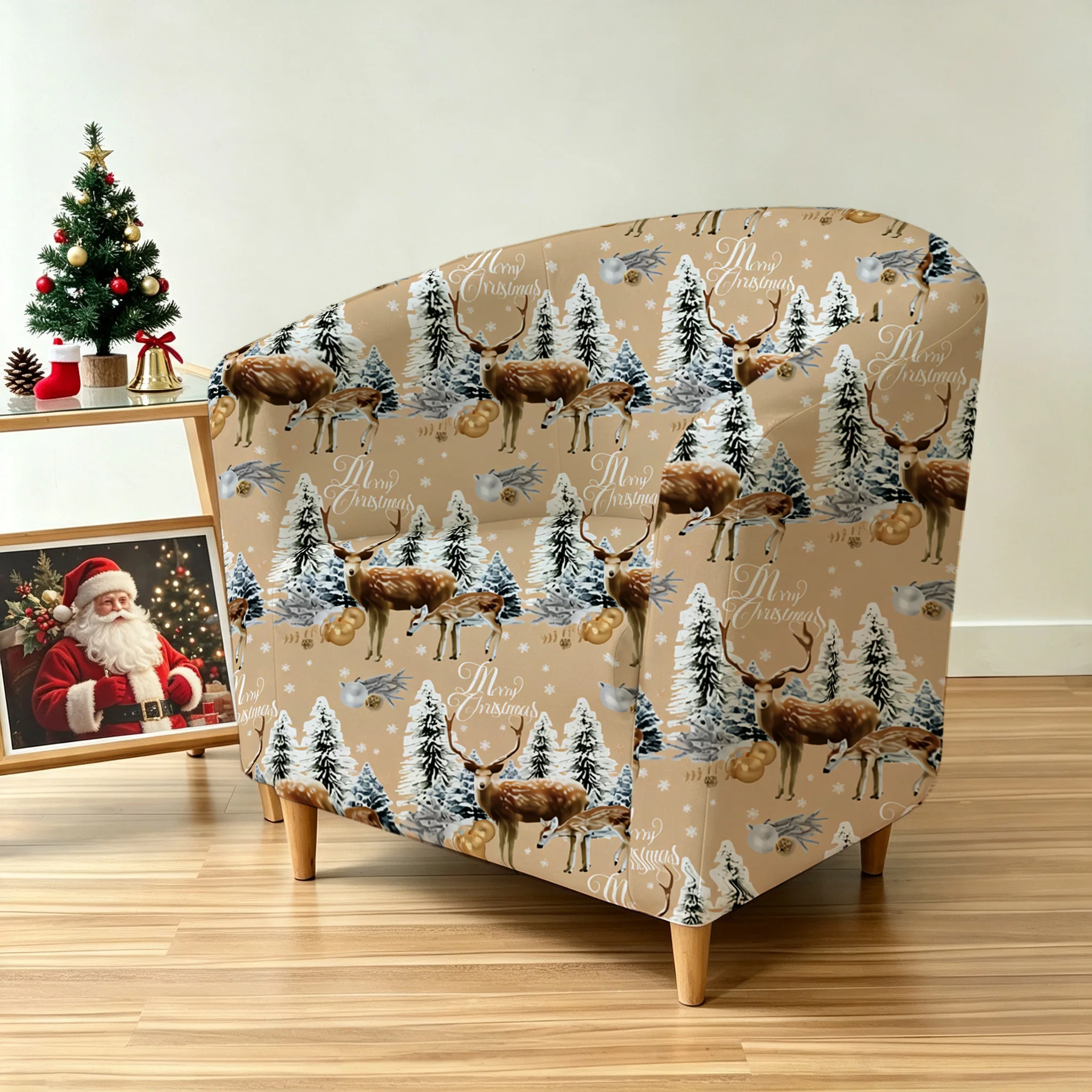 Vintage winter seamless reindeer snowy pines snowflakes printed armrest sofa cover, 2D printed elastic single club sofa cover