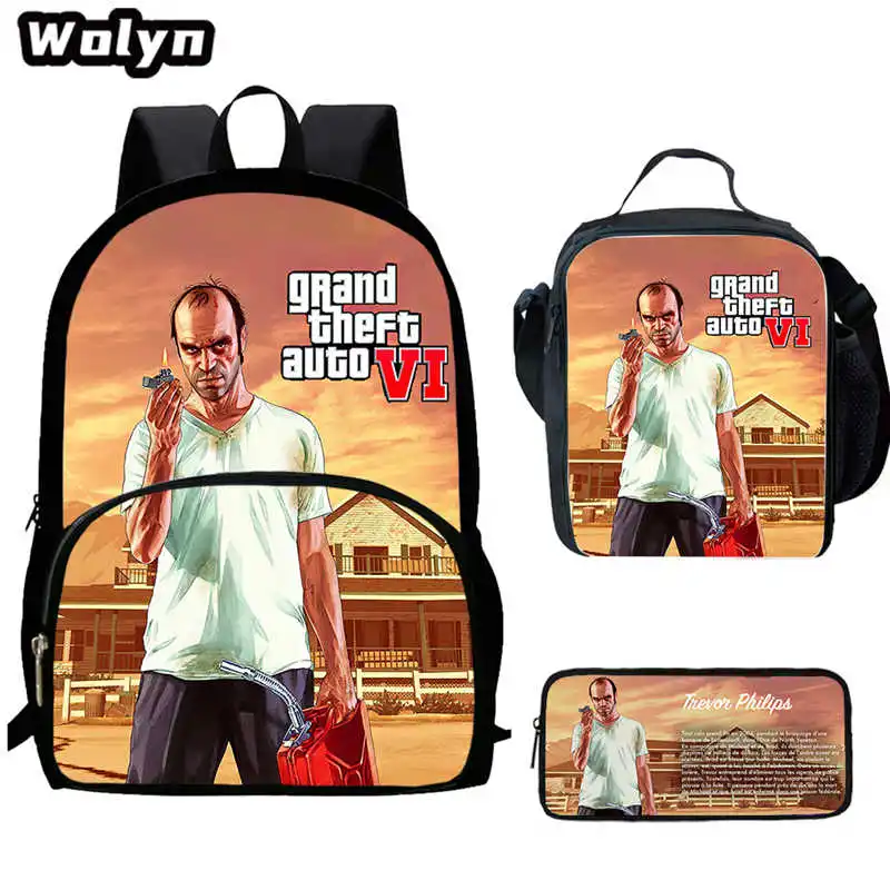 3Pcs Set Grand Theft Mochila Auto School Backpack with Lunch Bags Pencil Case ,Cartoon Large Capacity School Bags for Grade 1-4