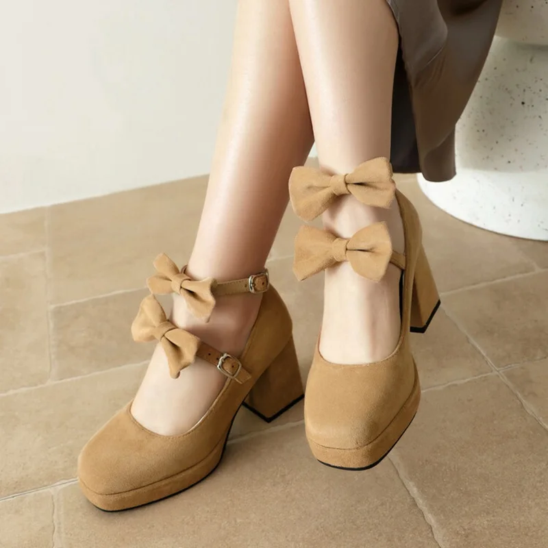 

SIMLOVEYO 2026 Women's Pumps Flock Platform Buckles Brand Design Pointed Toe 8cm Block Heel Platform Big Sizes 43 Apricot Black