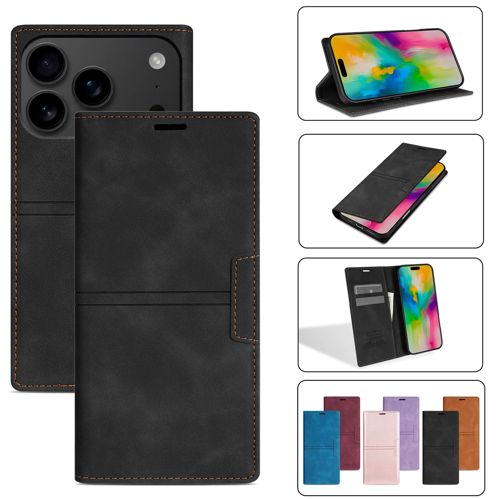 حافظة جلدية فاخرة لهاتف آيفون 17 Air 16E 16 15 14 13 11 12 Pro XS Max XR 8 7 Plus SE MWallet حامل بطاقات غطاء هاتف