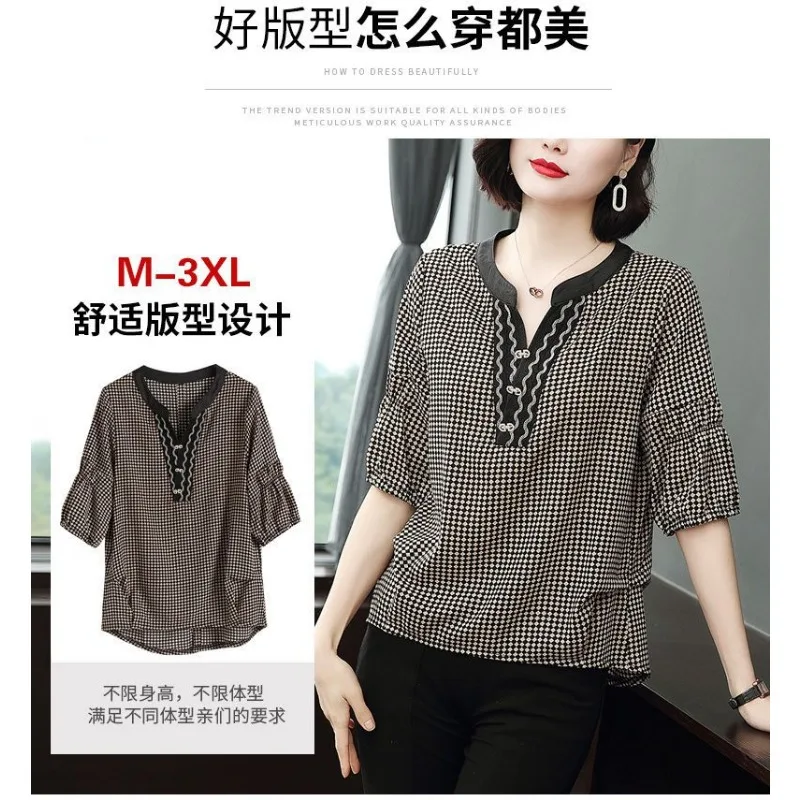 Mode Plaid frauen Lose kurzarm T-shirt frauen Chiffon V-ausschnitt Gedruckt Elegante Pullover Dünne Top