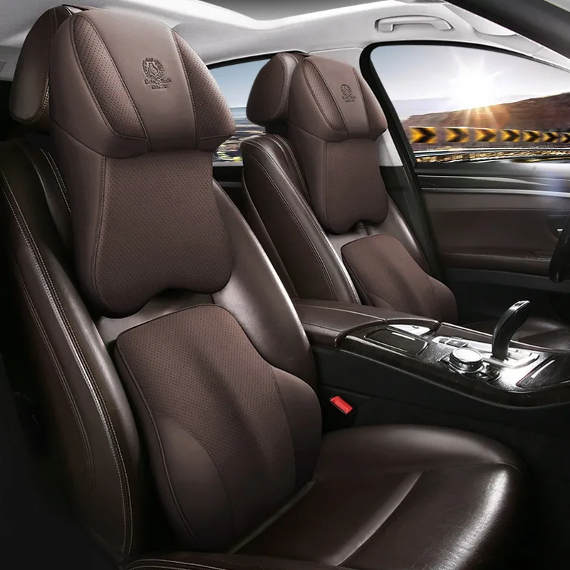 New Universal Minimalist All Season Memory Foam Leather Car Headrest Neck Pillow Lumbar Support Set Auto Interior Accessories