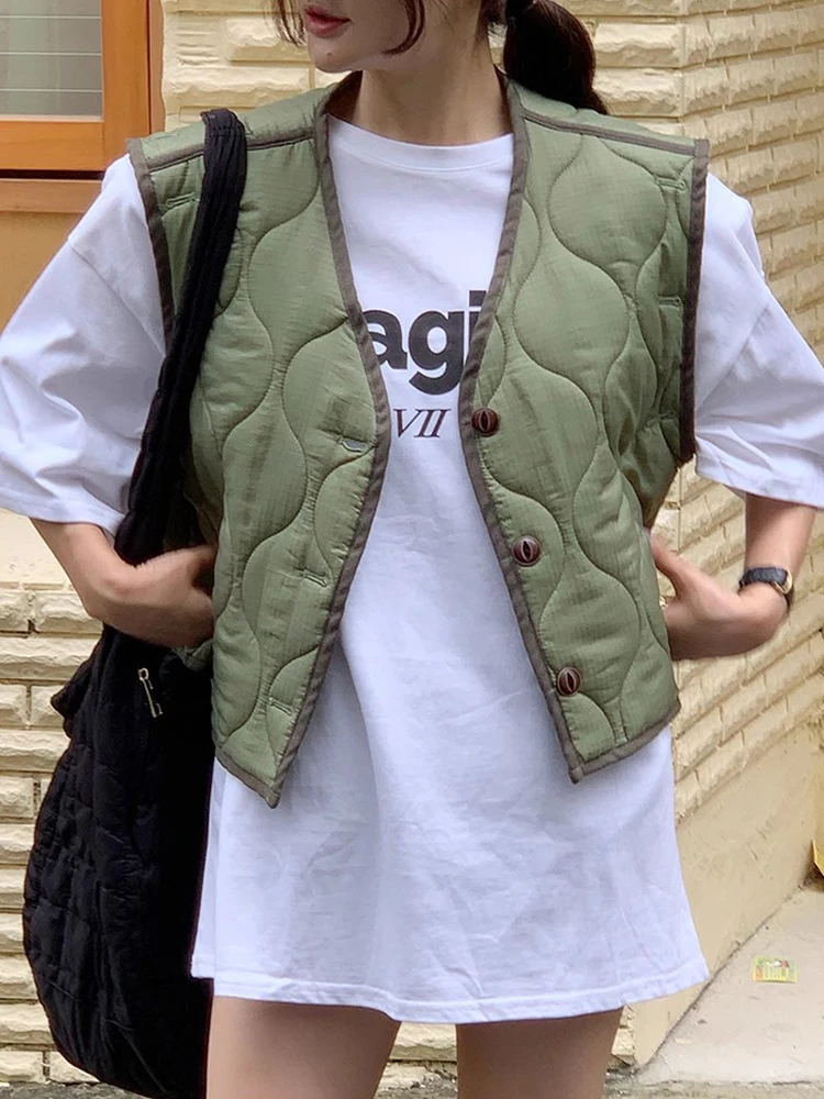 

East Gate Autumn Retro V-ne Buttoned Wave Emed Casual Versatile Cotton Jaet Vest Women's Faion Commute Sle