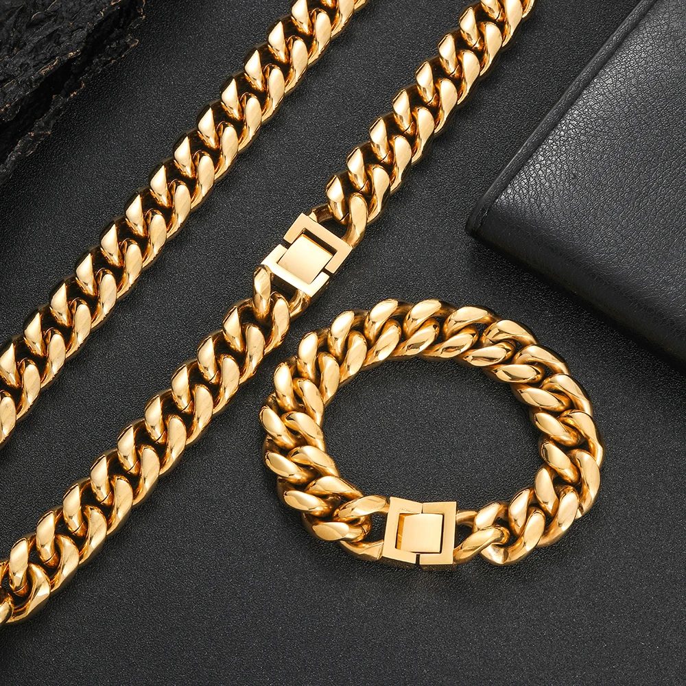 

Men's 6-16MM Width Cuban Necklace PVD Plated Stainless Steel Cuban Link Chain Hip Hop Jewelry 16-26inch Length Gift