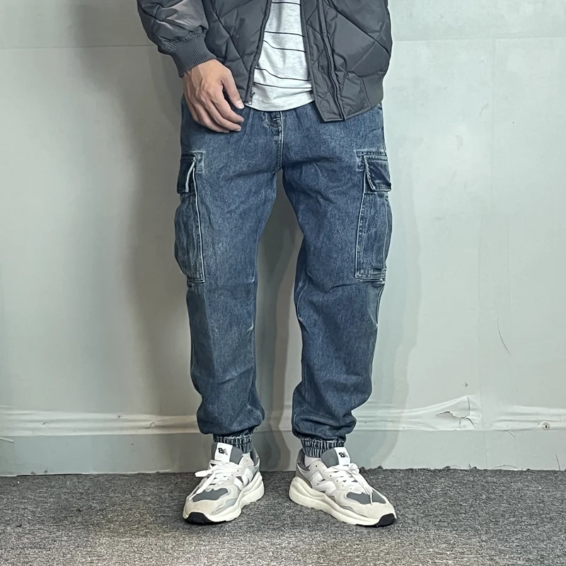 

heavy vintage baggy multi-pocket cargo jeans fashion brand pure cotton wash made old micro-conical small foot corset pants