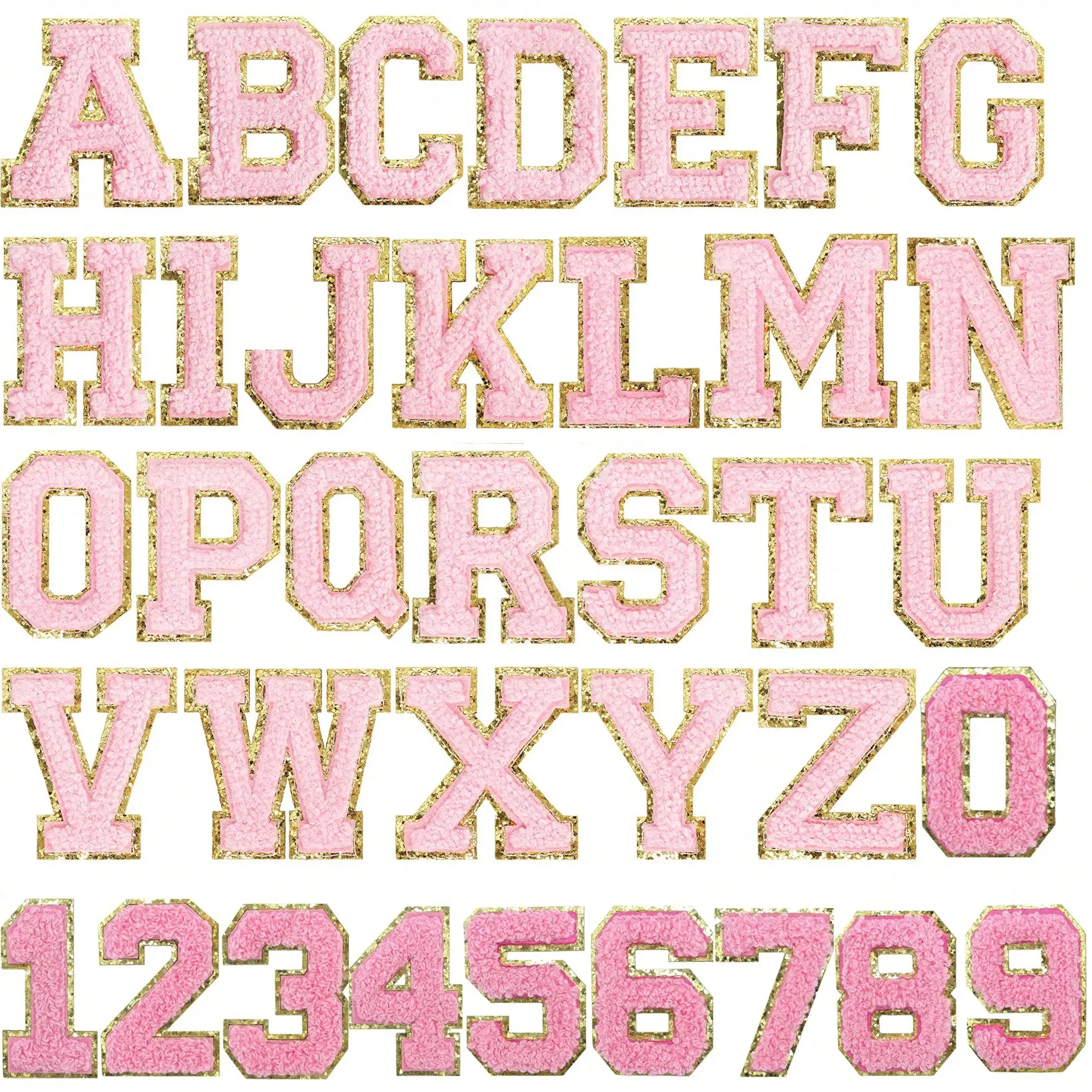 Pink Letter Patches Self Adhesive Gold Glitter Border Alphabet Number Iron On Patches for Clothing Jacket Bags DIY Decoration