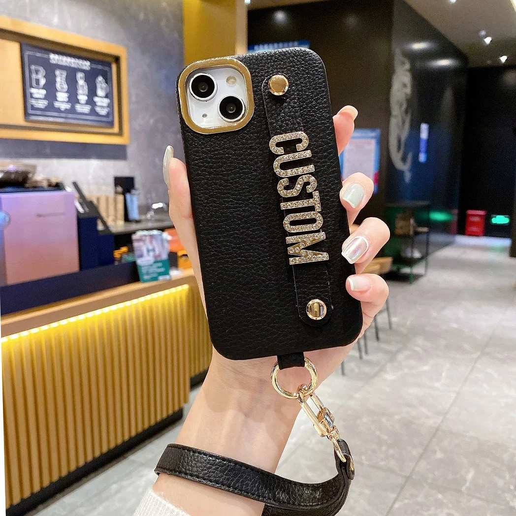Personalized Leather Phone Case Name Letter Diamond Metal Letter Cover with Lanyard iPhone17 16 12 13 14 15ProMax 16 15 14Plus
