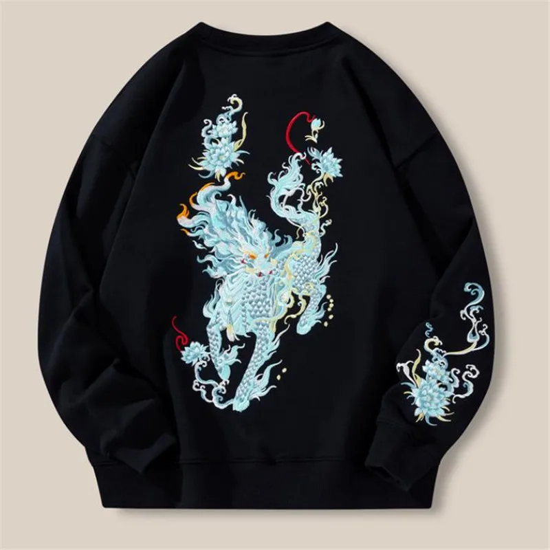 Spring Autumn New Style Sweater Men's Plush Coat China-Chic Kirin Embroidery Top Cotton Loose Fashion Brand Large Size Men Top