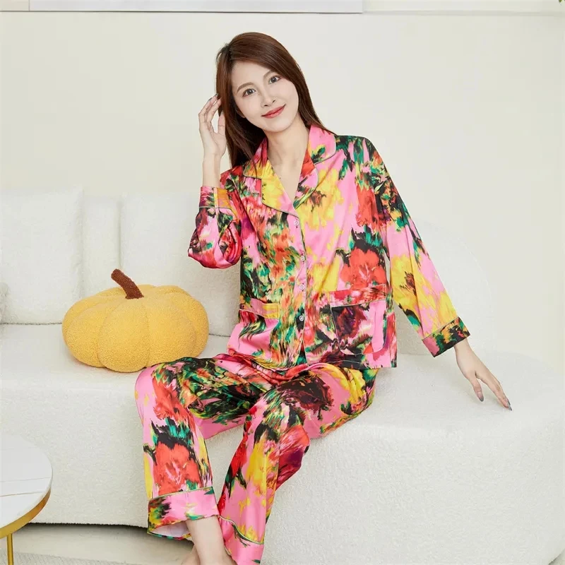 Satin Women\'s Spring Autumn Silk Like Pajamas Polo Collar Long Sleeve Pants Two Piece Set Colorful Printed Fashion Home Suit