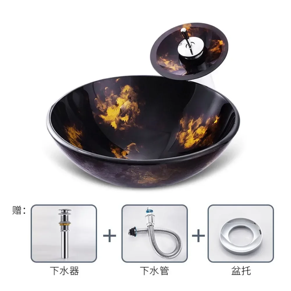 Washroom Sanitary Ware Round Tempered Glass Bathroom Sink Hotel Sample Dark Brown Countertop Washbasin With Waterfall Faucet