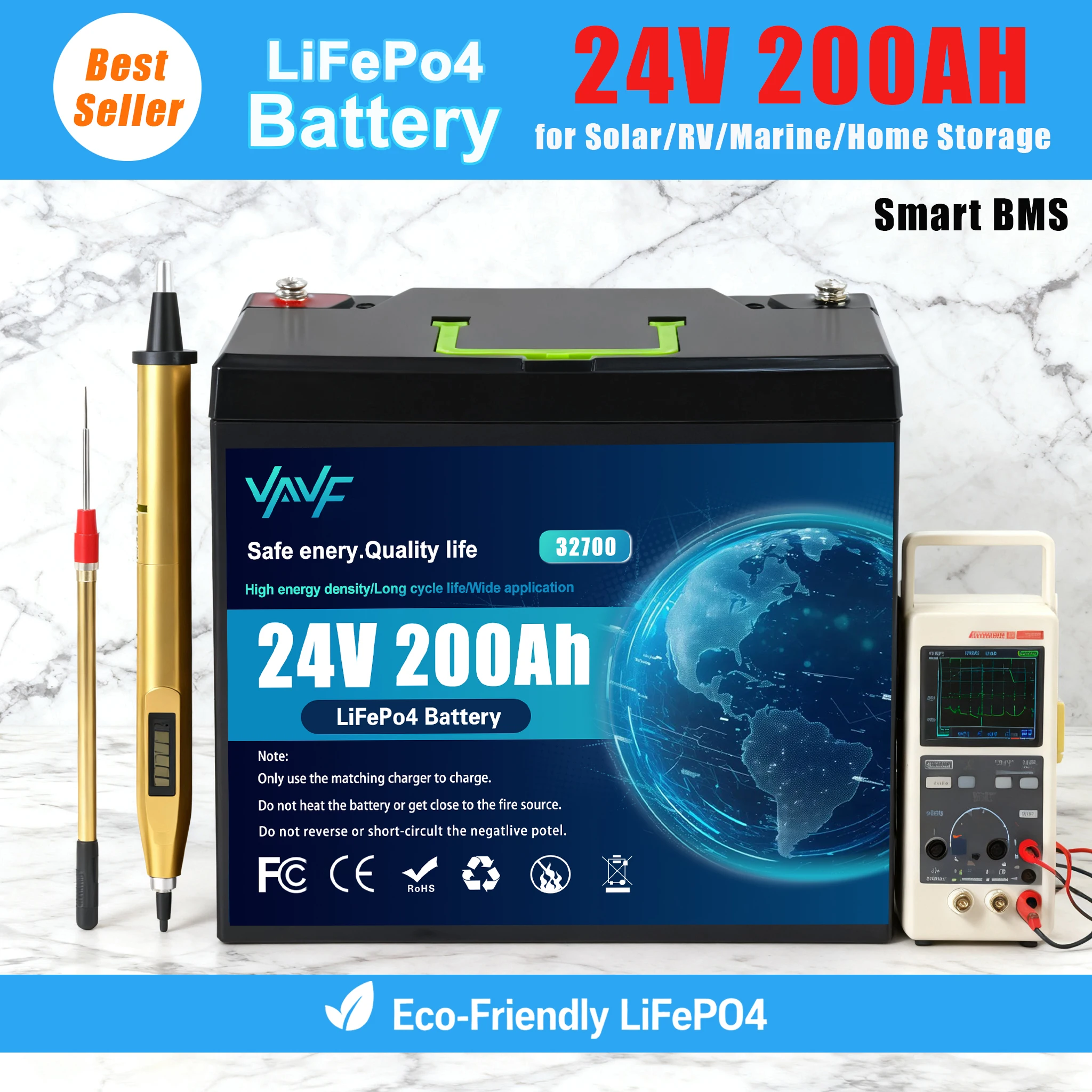 Batería LiFePO4 de 24 V y 200 Ah con BMS 8000+Cycles ⌚️ para almacenamiento de energía solar 🎛️ Viajes en vehículos recreativos, barcos, aventuras todoterreno y casas fuera de la red