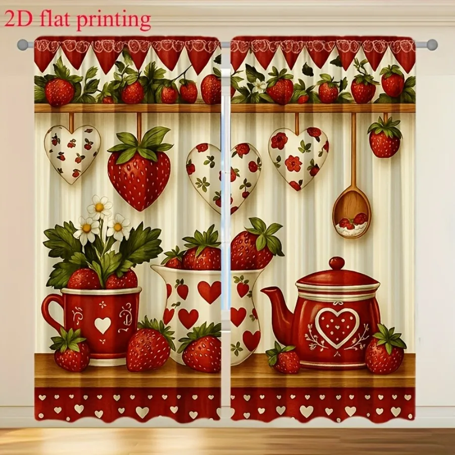 2PCS Digital Print Curtains, Strawberry Kitchen Pattern, Cute Fruit Cooking Decor Sweet Berry Farmhouse Style Kitchen Drapes