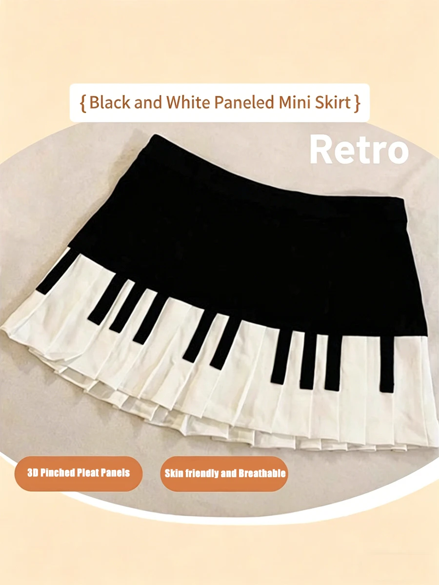 Damenrock in Schwarz-Weiß mit Klaviertasten-Print, plissierter Minirock mit hoher Taille, A-Linien-Rock für Musikparty, Freizeitkleidung, Cosplay-Kostüm. – Detail 4