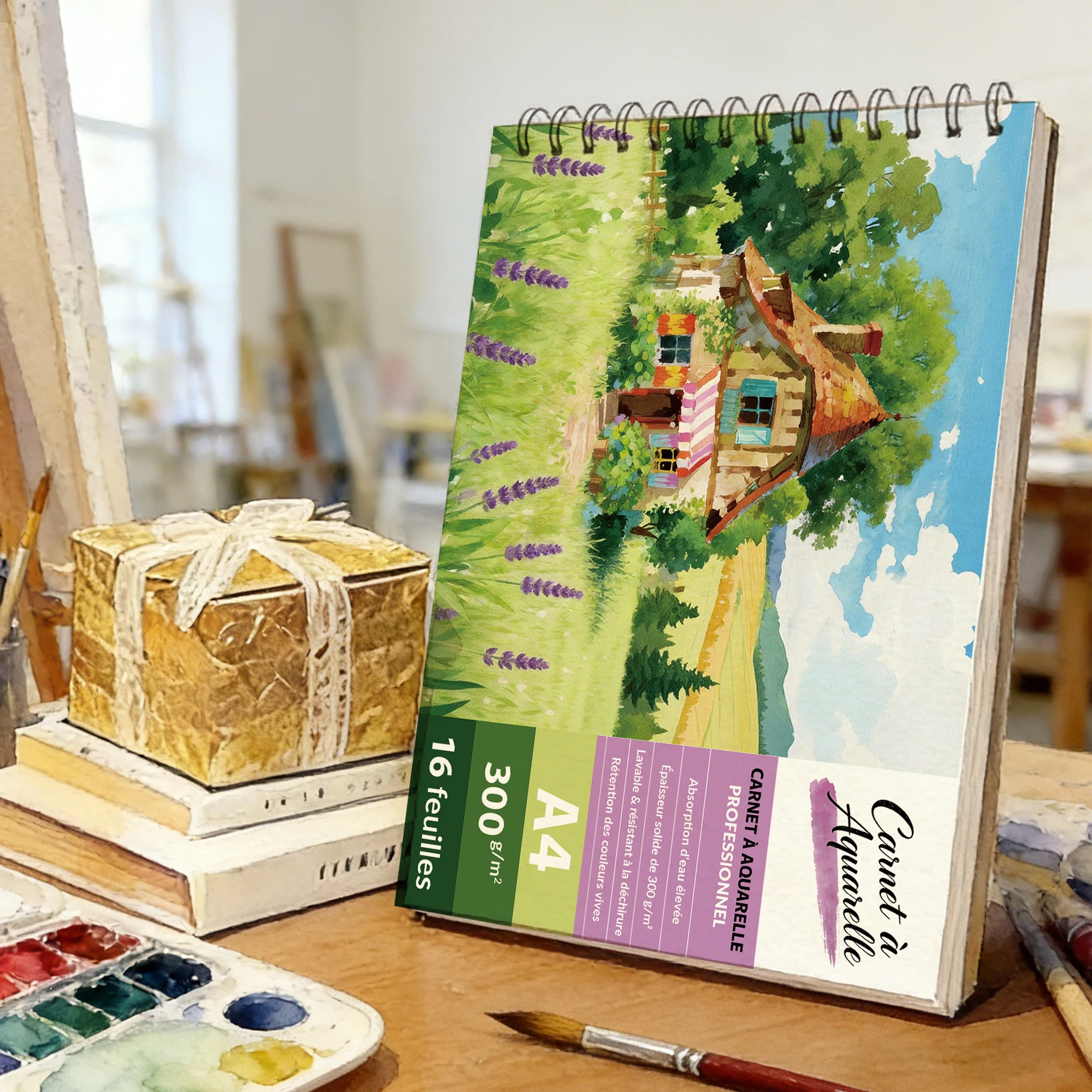 A4Spiral Watercolor Sketchbook, 300GSM Thick Acid-Free Art Paper, 16 Sheets, Art Painting Notebook with Pastoral Cottage & Laven