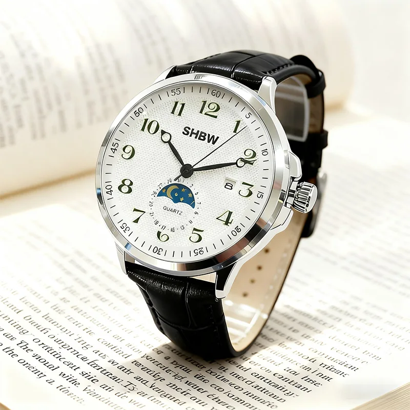 

Men's Quartz Clock Leisure Fashion Day Night alternation Watch Luminous Calendar Round Stainless Steel Wristwatch Leather Strap