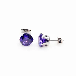 Titanium With 8mm Purple Zircon Round Stud Earrings 316L Stainless Steel No Fade No Allergy