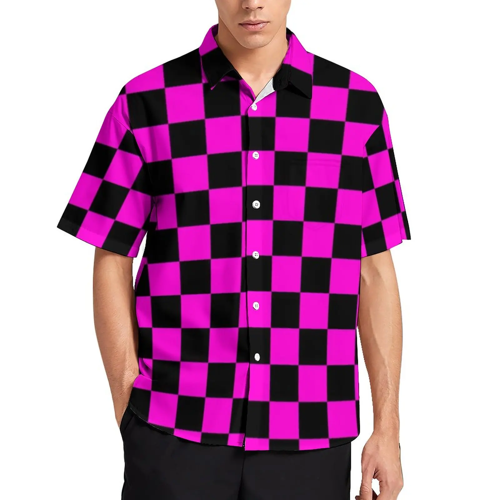 Pink Black Checkerboard Shirt Summer Missing Texture Casual Shirts Blouses Short Sleeve Cool Oversize