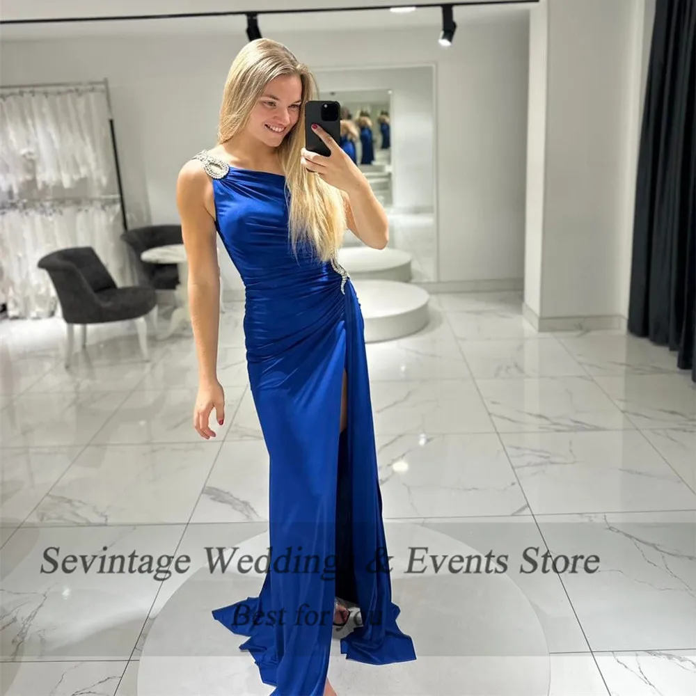 

Sevintage Royal Blue Satin Prom Dress Mermaid One Shoulder Sequineds High Slit Evening Dress vestidos para eventos especiales