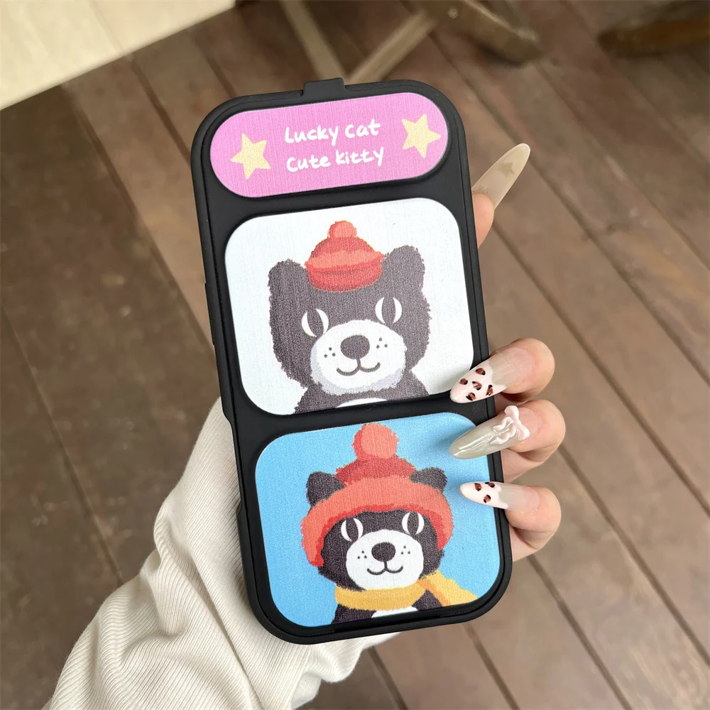 

Korean Cute Black Cat Magnetic Fold Stand Phone Case For iPhone 17 16 13 14 15 Pro Max Cover Cartoon Holder Funda Protection Cas