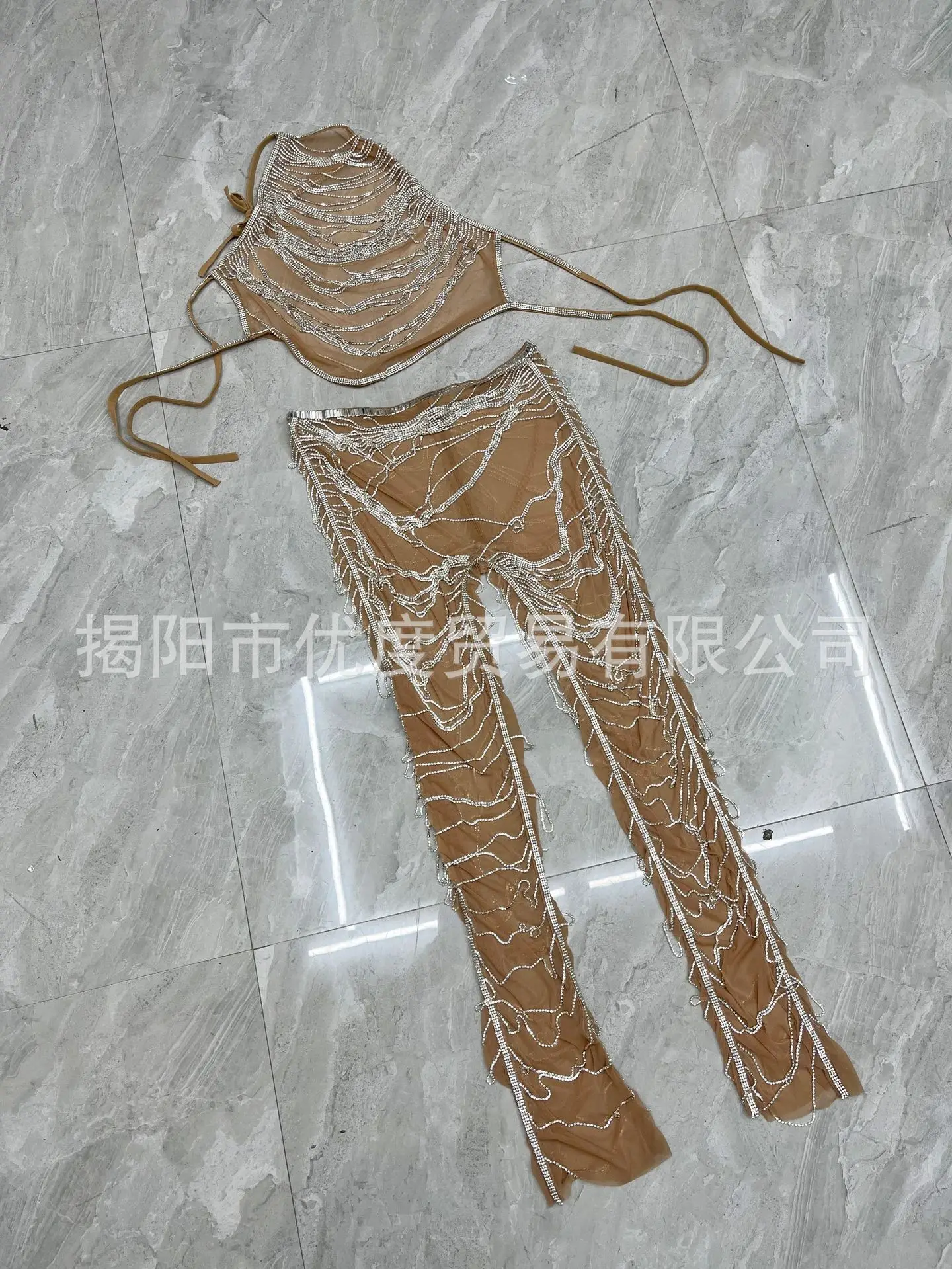 الصناعة الثقيلة الماس سلسلة الرقبة الرسن السراويل مقسمة إلى فستان من قطعتين كوكتيل أداء حفلة البطن جيب Partykleider #6